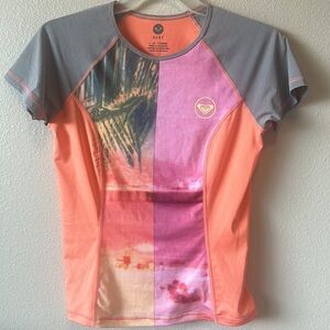 ROXY Women’s Rash Guard Short Sleeve Shirt Four Shore Peach Pink & Gray L NWT